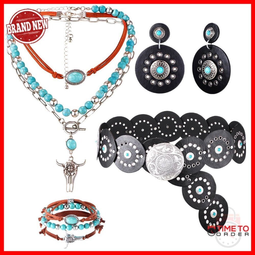Western Cowgirl Accessory Set Layered Necklace Bracelet Earrings Belt